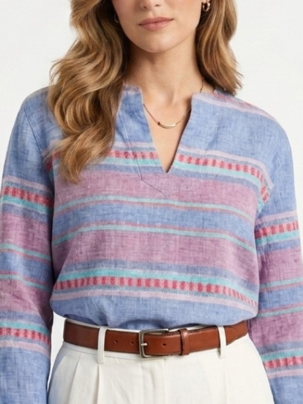 Tommy Bahama 100% Linen Coastal Striped Tunic Top Blouse Blue Red Boho Beach L